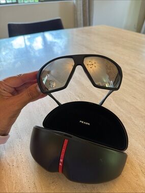 New, no scratches-Prada Black Shield Sunglasses with Mirrored Lenses
